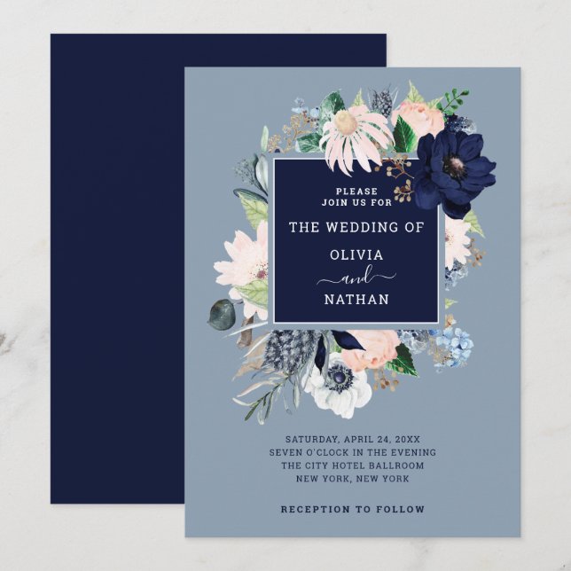 Navy Blue Nautic Floral| Hochzeit Einladung (Vorne/Hinten)