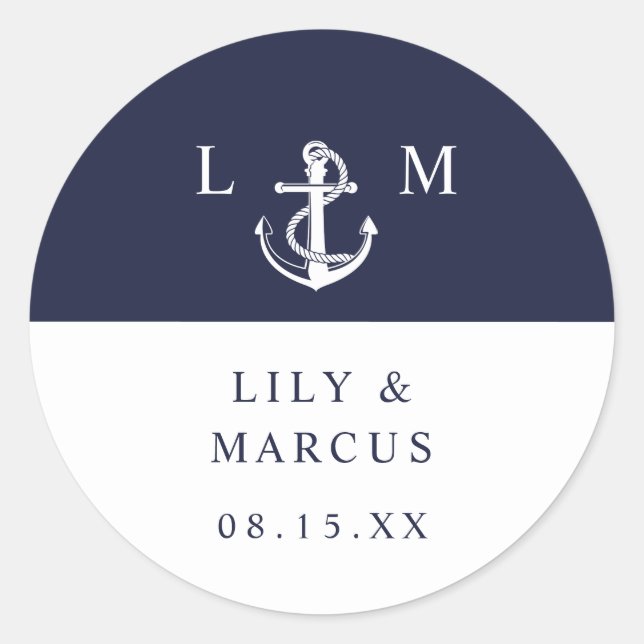 Navy Blue Nautic Monogram Gastgeschenk Hochzeit Runder Aufkleber (Vorderseite)