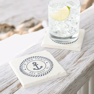 Navy Blue Nautic Rope & Anchor Boat Name Steinuntersetzer