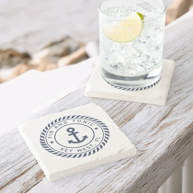 Navy Blue Nautic Rope & Anchor Boat Name Steinuntersetzer (Von Creator hochgeladen)