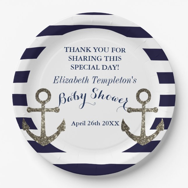 Navy Blue Nautical Anchor Baby Dusche Pappteller (Vorderseite)