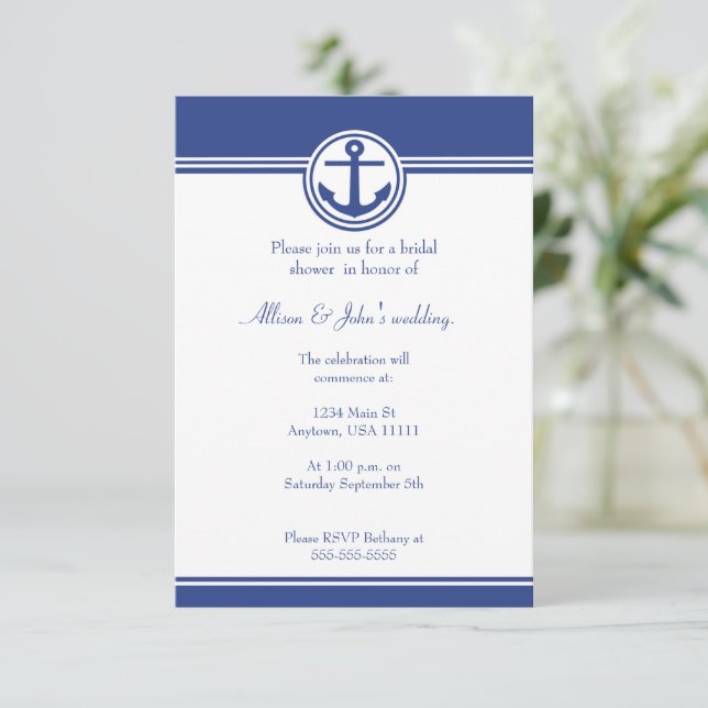 Navy Blue Nautical Anchor Bridal Dusche Einladung (Stehend Vorderseite)