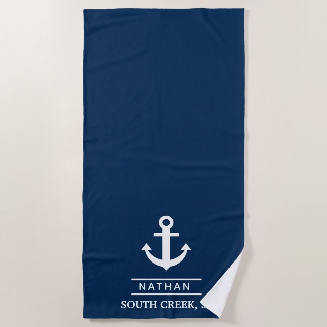 Navy Blue Nautical Anchor Custom Monogram Name Strandtuch (Vorderseite)