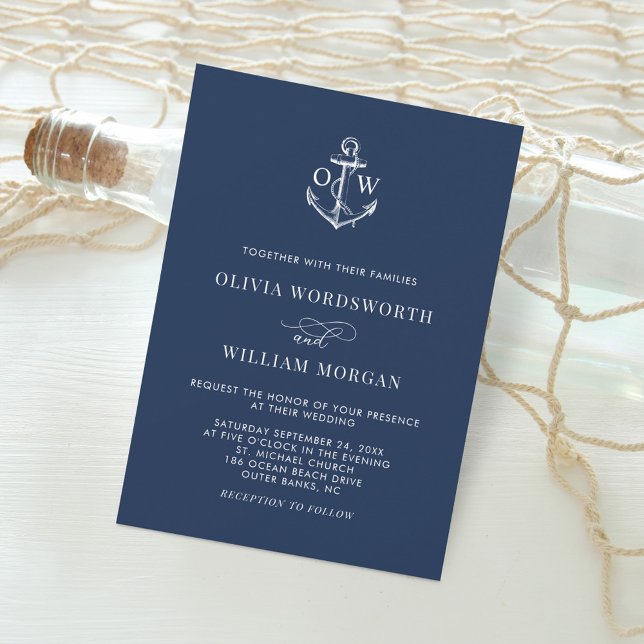 Navy Blue Nautical Anchor Monogram Minimal Wedding Einladung (Von Creator hochgeladen)