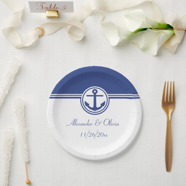 Navy Blue Nautical Anchor Pappteller (Hochzeit)