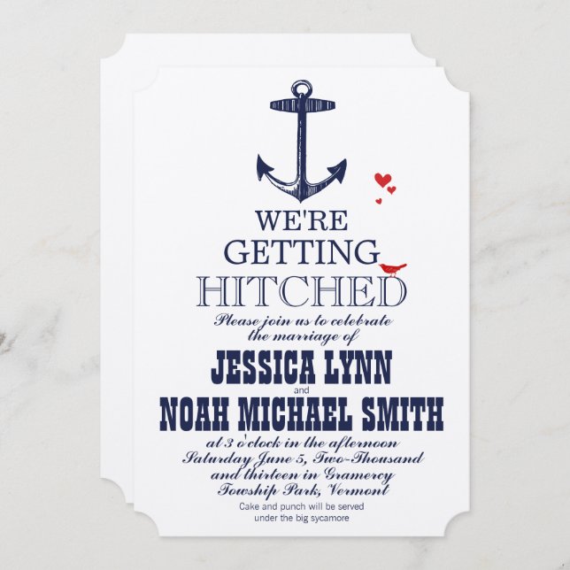 Navy Blue Nautical Anchor Typografy Red Wedding Einladung (Vorne/Hinten)