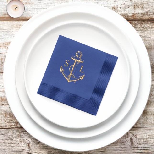 Navy Blue Nautical Anchor Wedding Monogram Gold Servietten Mit Folie (In Situ)