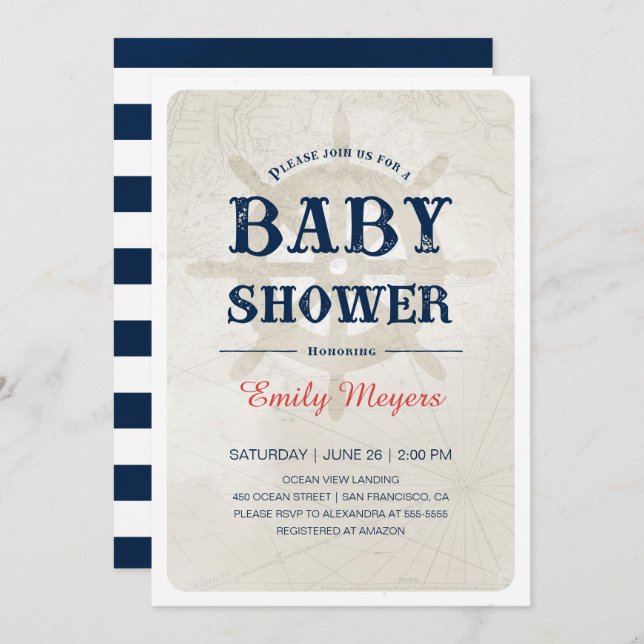 Navy Blue Nautical Baby Shower Einladung (Vorne/Hinten)