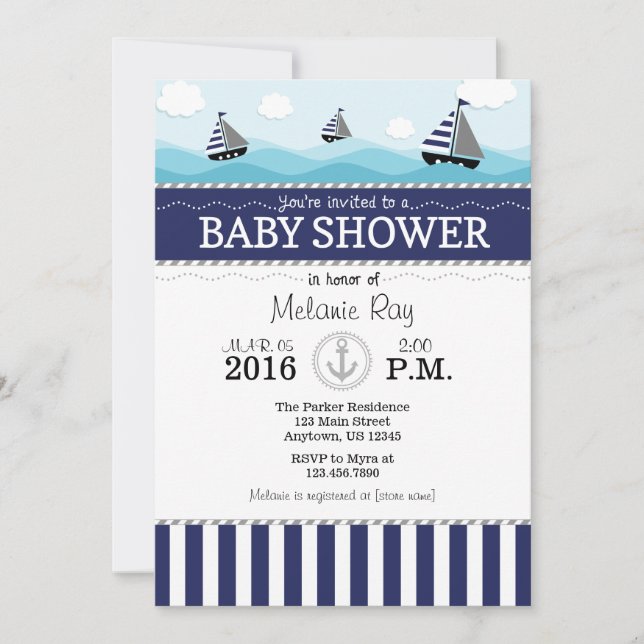 Navy Blue Nautical Baby Shower Einladung (Vorderseite)