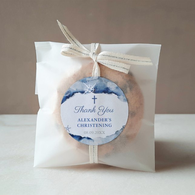 Navy Blue Nautical Baptisse Vielen Dank mit Cross Quadratischer Aufkleber (Nautical Christening or Baptism favor thank you sticker with Holy Cross)