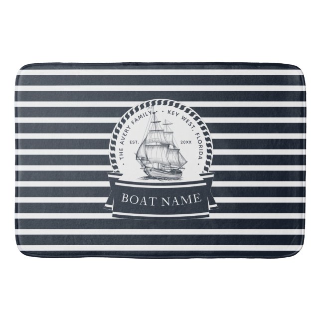 Navy Blue Nautical Boat Personalisiert Badematte (Vorderseite)