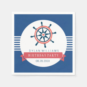 Navy Blue Nautical Boat Wheel & Stripes Serviette