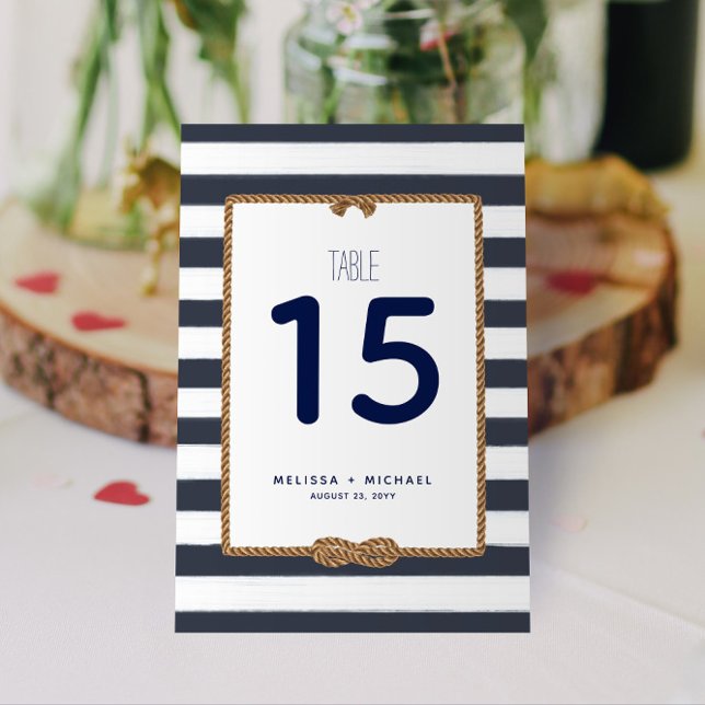 Navy Blue Nautical Knot Tischnummer (3.5x5) (Nautical Stripes and Infinity Knot Navy and White Table Numbers for Your Wedding, Shower, or Event!)