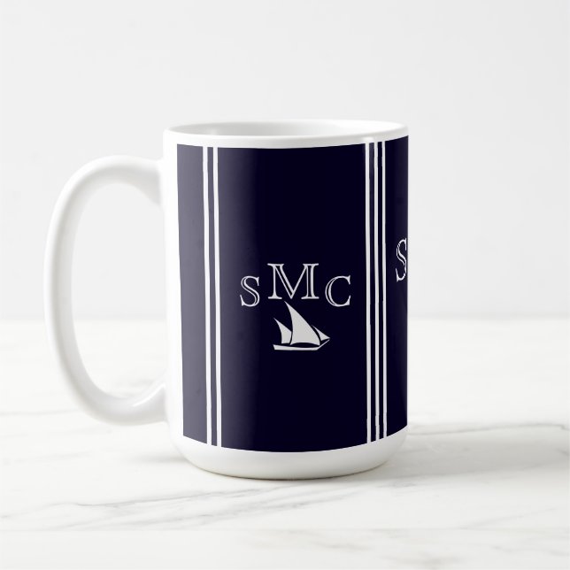 Navy Blue Nautical Monogram Sailboat Ceillampe Kaffeetasse (Links)