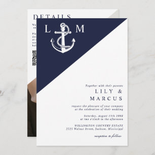 Navy Blue Nautical Monogram Wedding Foto QR Code Einladung