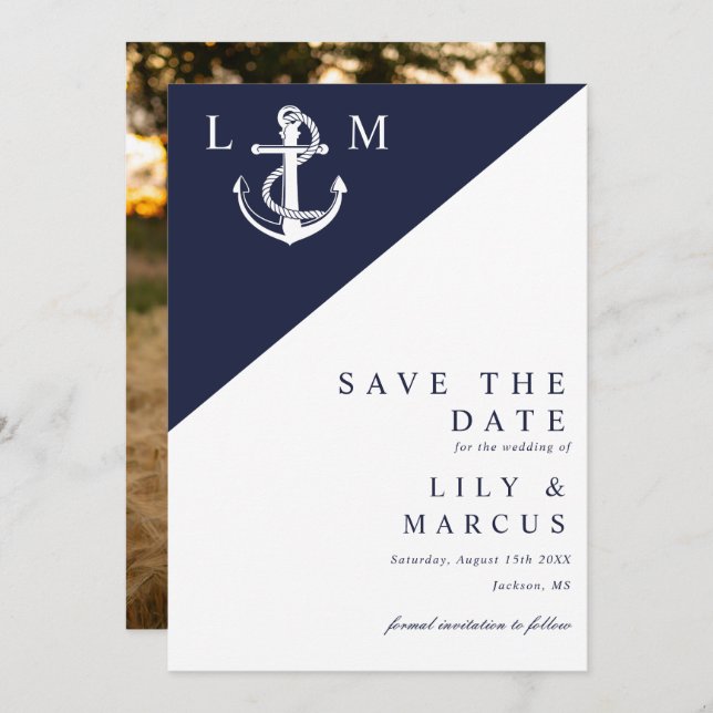 Navy Blue Nautical Monogram Wedding Foto Save The Date (Vorne/Hinten)