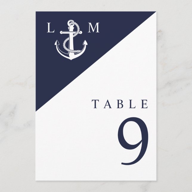 Navy Blue Nautical Monogram Wedding Tischnummer (Vorderseite)