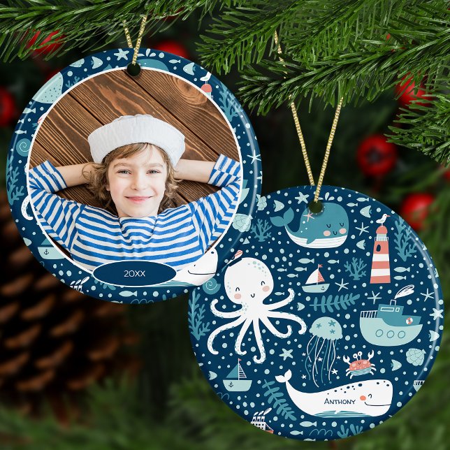 Navy Blue Nautical Ocean Boy Foto Weihnachten Keramik Ornament (Von Creator hochgeladen)