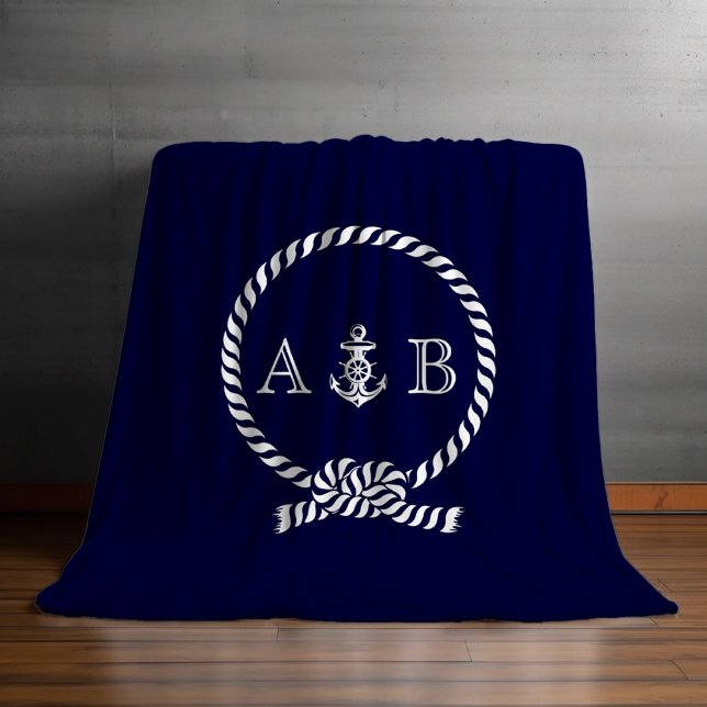 Navy Blue Nautical Rope and Anchor Mit Monogramm Fleecedecke (Von Creator hochgeladen)