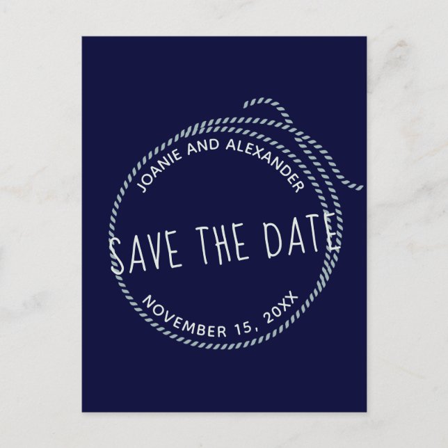 Navy Blue Nautical Rope Wedding Save the Date Ankündigungspostkarte (Vorderseite)