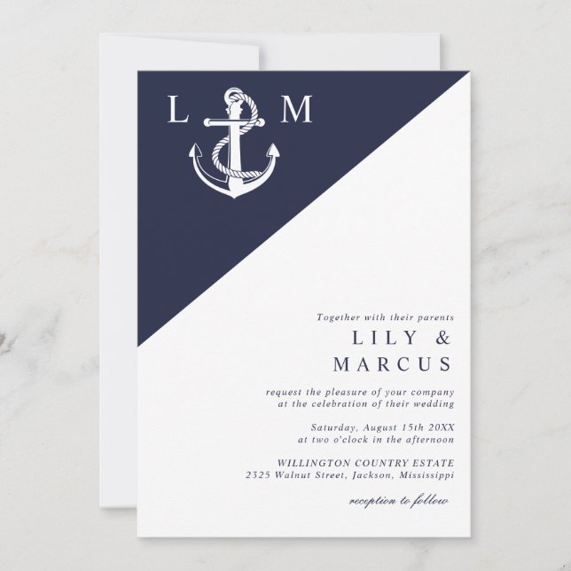 Navy Blue Nautical Simple Elegant Wedding QR Code Einladung (Vorderseite)