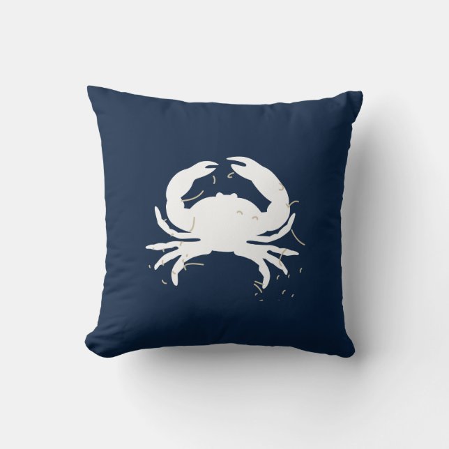 Navy Blue Nautical Throw Kissen mit weißer Krabbe (Vorderseite)