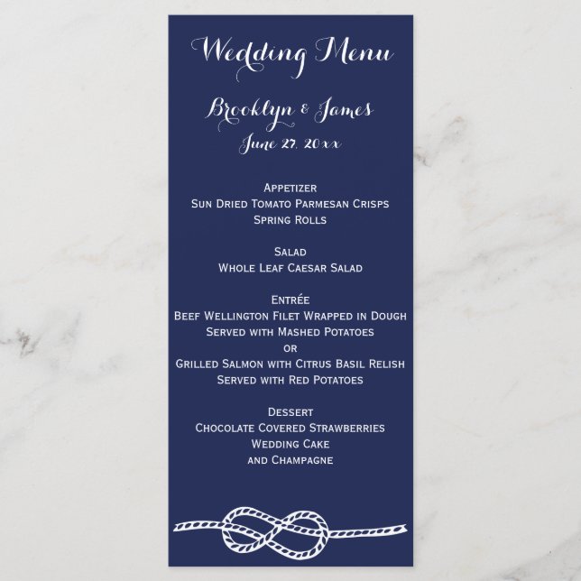 Navy Blue Nautical Wedding Menu Cards Knoten Menükarte (Vorderseite)