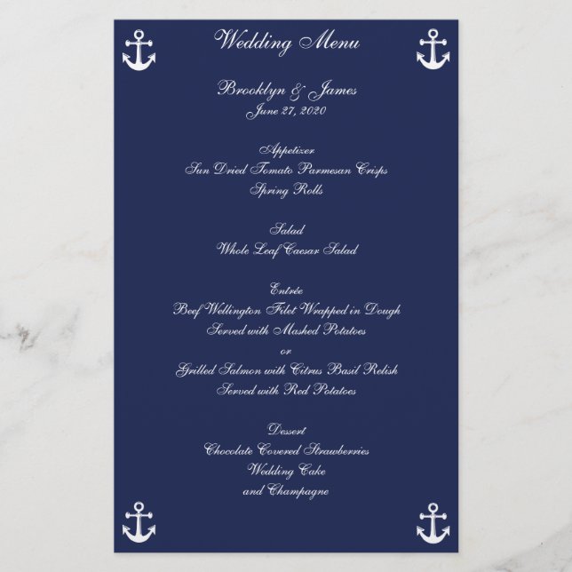 Navy Blue Nautical Wedding Menu Custom Flyer (Vorderseite)