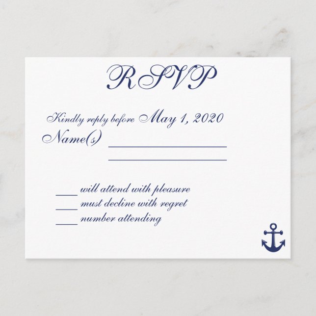 Navy Blue Nautical Wedding RSVP Postkartennamen Einladungspostkarte (Vorderseite)