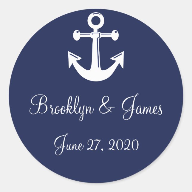 Navy Blue Nautical Wedding Stickers mit Anker (Vorderseite)
