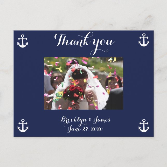 Navy Blue Nautical Wedding Vielen Dank Postkarten (Vorderseite)
