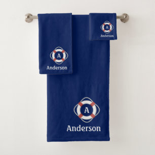 Navy-Blue-nautisches-Rettungsring-Monogramm Badhandtuch Set