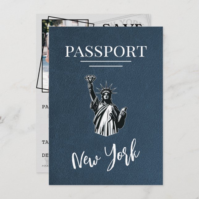 Navy Blue New York City Passport Save the Date (Vorne/Hinten)