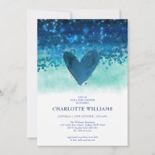 Navy Blue Niedlich Heart Watercolor Babydusche Einladung