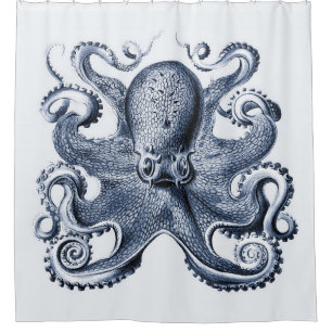 Navy Blue Octopus Illustration von Ernst Haeckel Duschvorhang