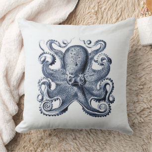 Navy Blue Octopus Illustration von Ernst Haeckel Kissen