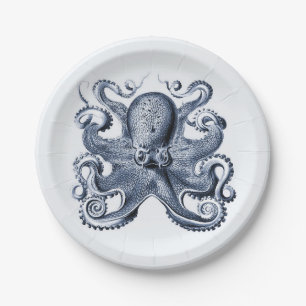 Navy Blue Octopus Illustration von Ernst Haeckel Pappteller