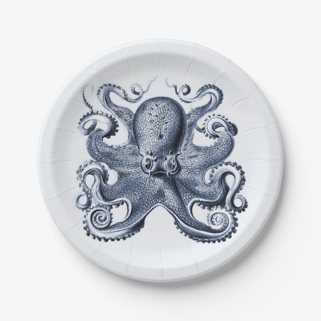 Navy Blue Octopus Illustration von Ernst Haeckel Pappteller (Vorderseite)