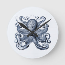 Navy Blue Octopus Illustration von Ernst Haeckel Runde Wanduhr