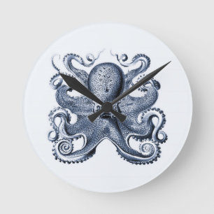 Navy Blue Octopus Illustration von Ernst Haeckel Runde Wanduhr