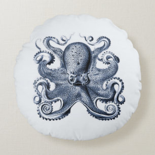 Navy Blue Octopus Illustration von Ernst Haeckel Rundes Kissen