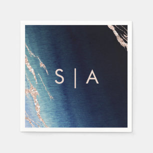 Navy Blue Ombre Agate & Rose Gold Wedding Monogram Serviette