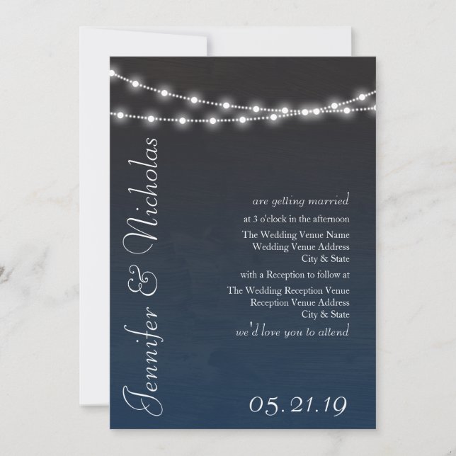 Navy Blue Ombre Lights Typografy Wedites Einladung (Vorderseite)