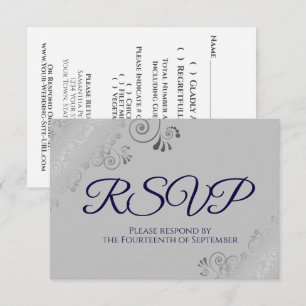 Navy Blue on Gray Elegant Silver Curls Wedding RSVP Karte
