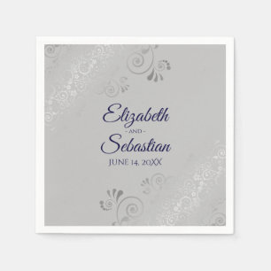Navy Blue on Gray Silver Frills Elegant Wedding Serviette