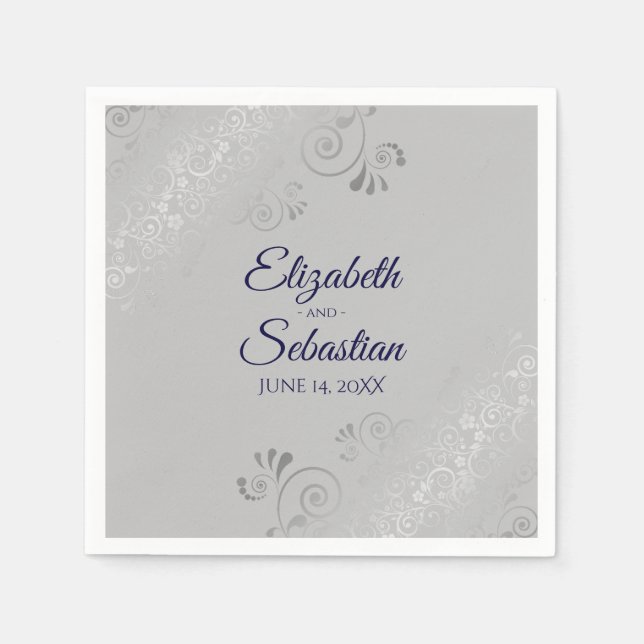 Navy Blue on Gray Silver Frills Elegant Wedding Serviette (Vorderseite)