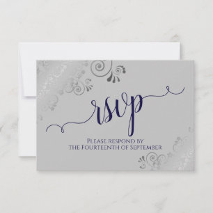 Navy Blue on Gray Silver Lace Calligraphy Wedding RSVP Karte