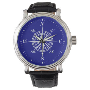 Navy Blue on White Coastal Compass Rose Armbanduhr