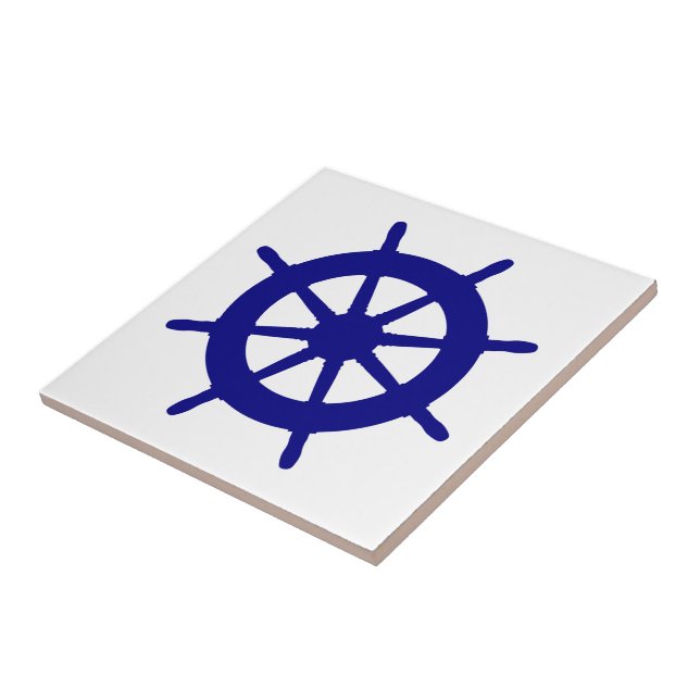 Navy Blue on White Coastal Decor Ship Wheel Fliese (Seite)