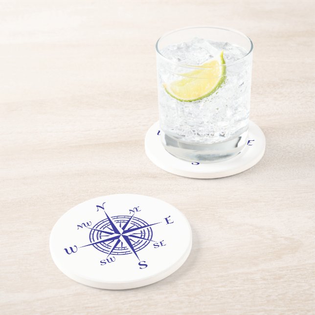 Navy Blue on White Coastal Dekoration Kompass Rose Untersetzer (Seite)